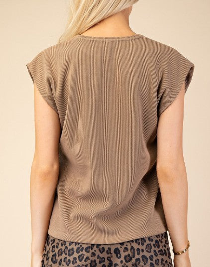 Glam Taupe Ribbed Cap Sleeve Knit Top