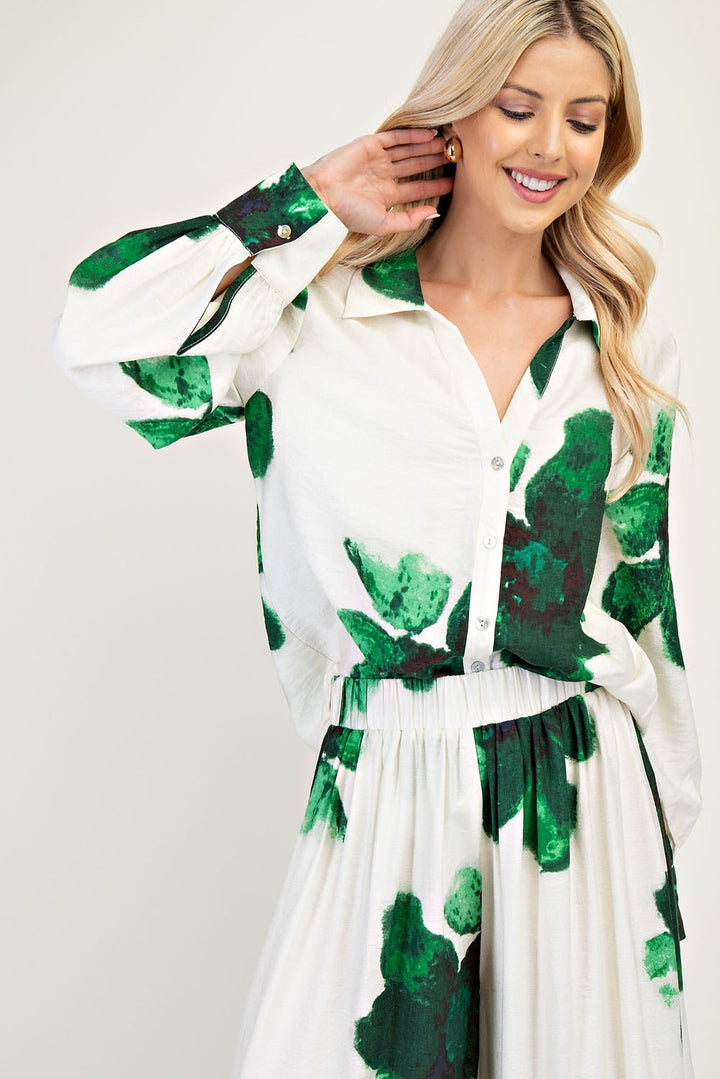 Glam Ivory/Green Floral Long Sleeve Button Down Blouse