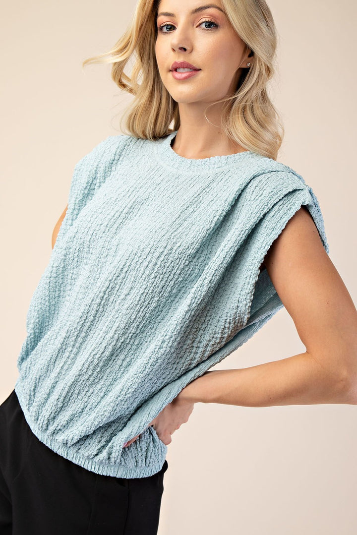 Glam Seafoam Textured Cap Sleeve Bubble Hem Blouse