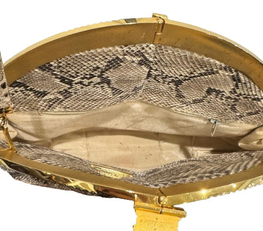 Judith Leiber Snakeskin Clutch w/ Cameo and Tigers Eye Closure