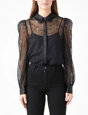 Endless Rose Mesh Embroidered Long Sleeve Blouse with Tank