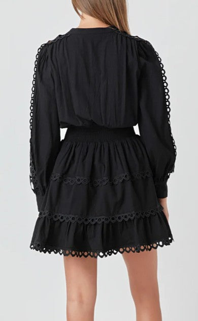 Endless Rose Black Lace Trim Smocked Short Dress