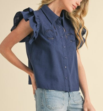 &Merci Navy Eyelet Ruffle Sleeve Button Down Top