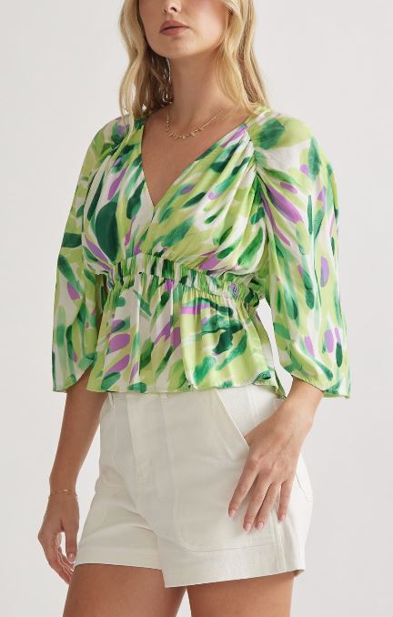 Entro Green/Ivory/Purple Printed 3/4 Sleeve Cropped Blouse