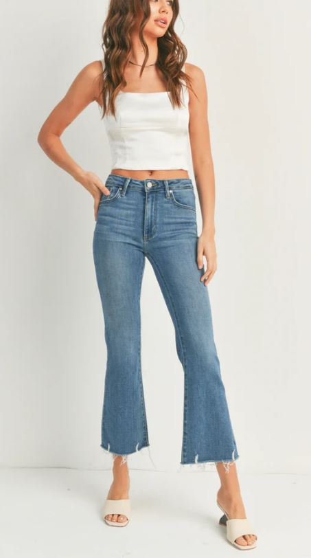 Just Black Denim HR Crop Flare w/ Distressed Hem Medium Denim