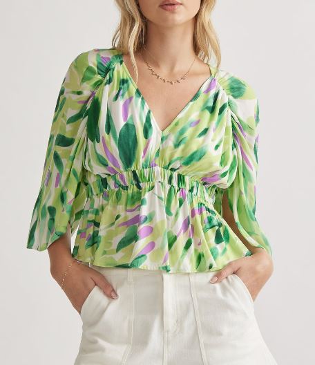 Entro Green/Ivory/Purple Printed 3/4 Sleeve Cropped Blouse