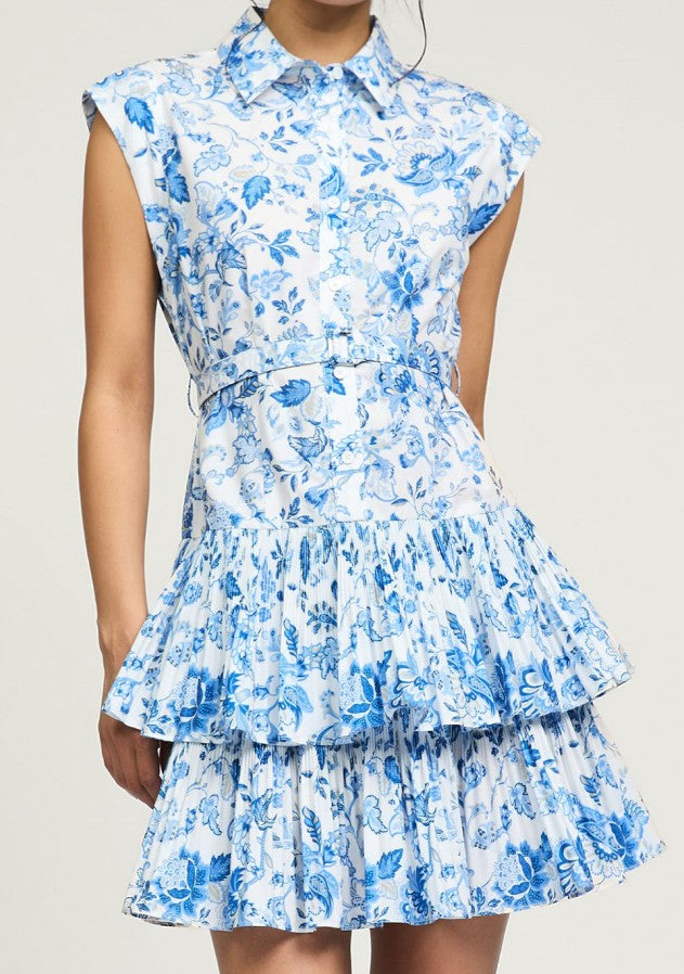 Current Air Blue/White Floral Button Down Tiered Dress with Belt