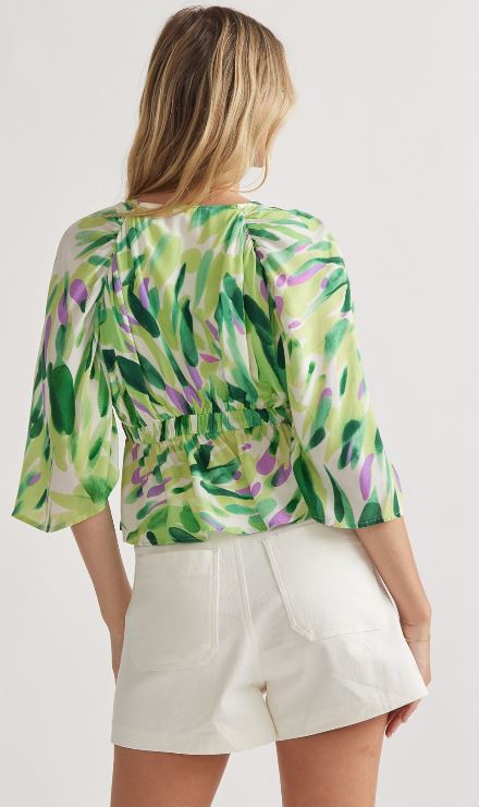 Entro Green/Ivory/Purple Printed 3/4 Sleeve Cropped Blouse