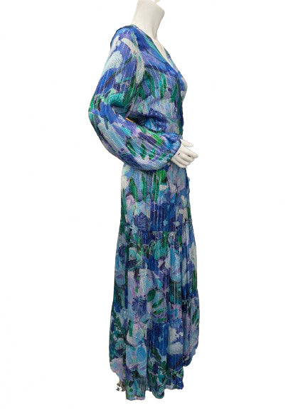 Qishma Blue Long Sleeve Floral Wrap Dress