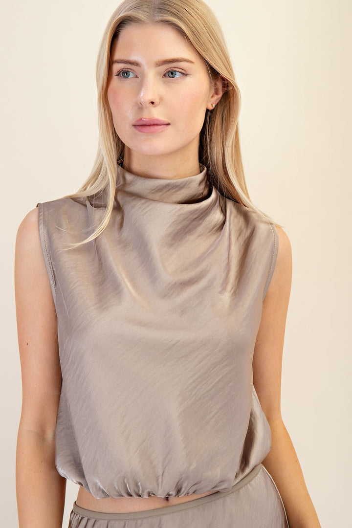 Glam Taupe Satin High Neck Sleeveless Blouse