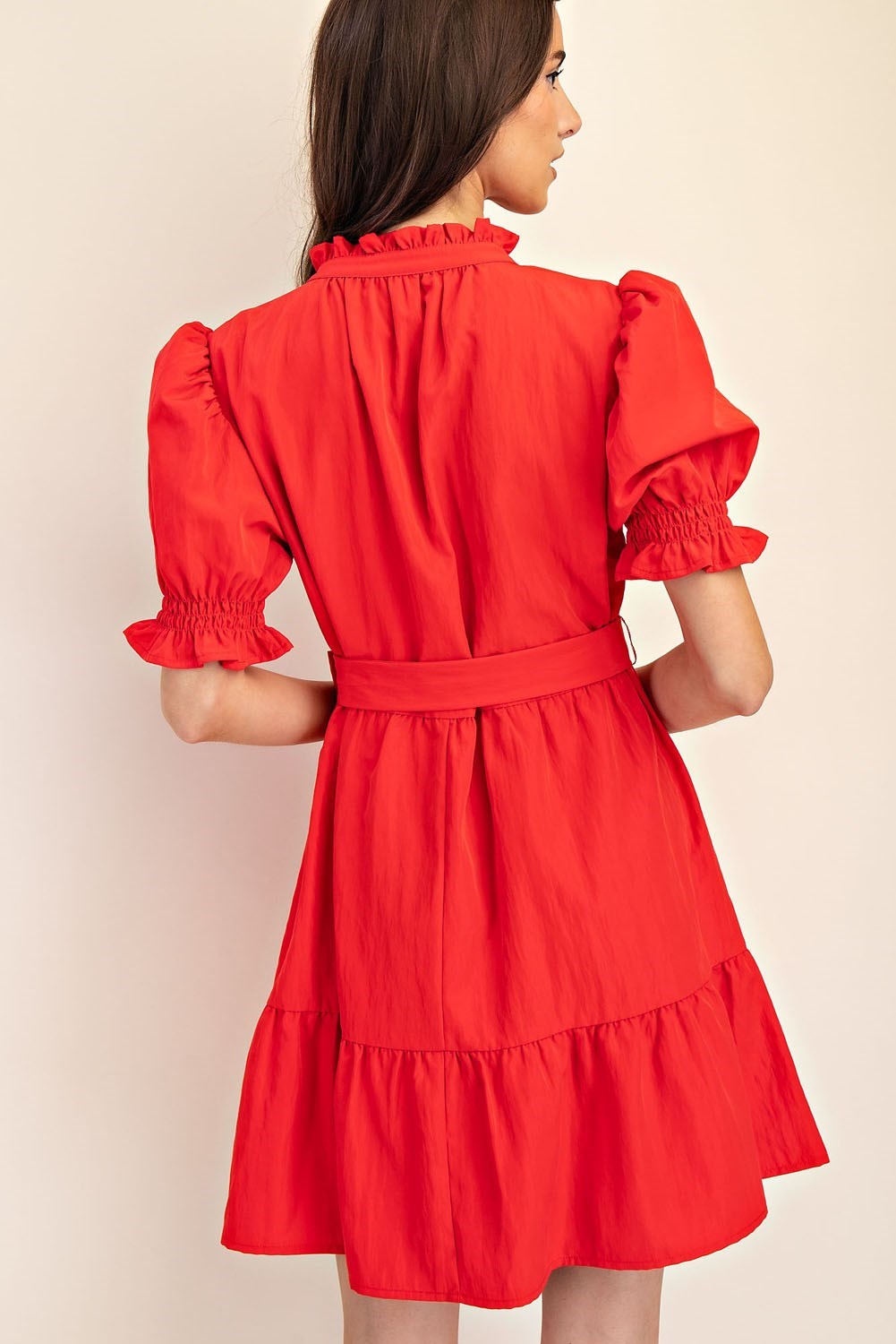 Glam Red Puff Short Sleeve Ruffle Neck Dress