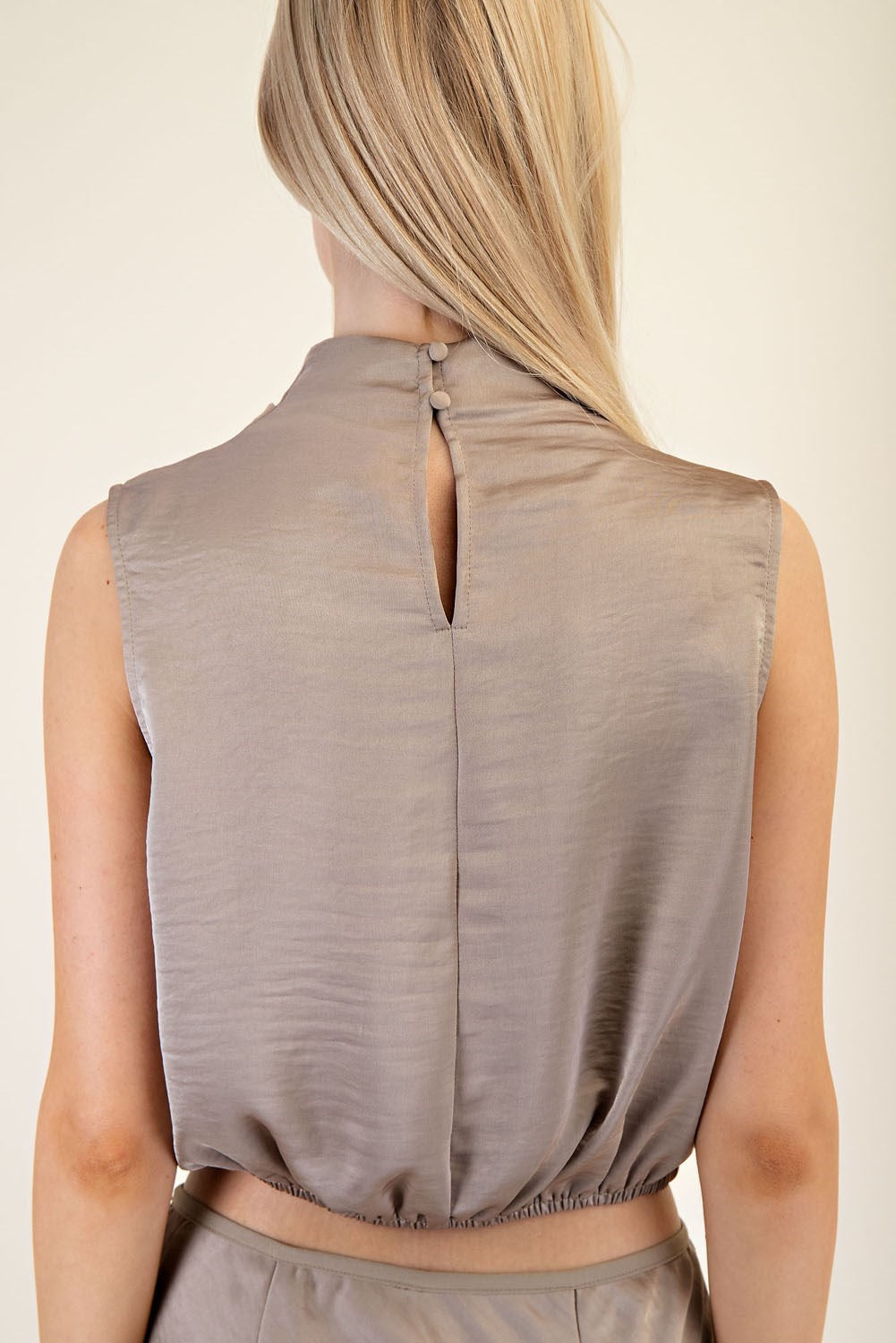 Glam Taupe Satin High Neck Sleeveless Blouse