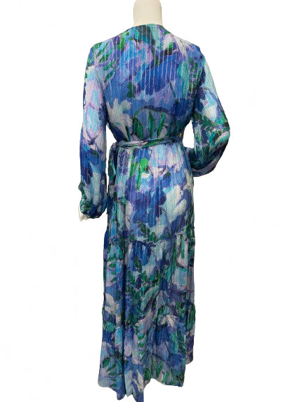 Qishma Blue Long Sleeve Floral Wrap Dress