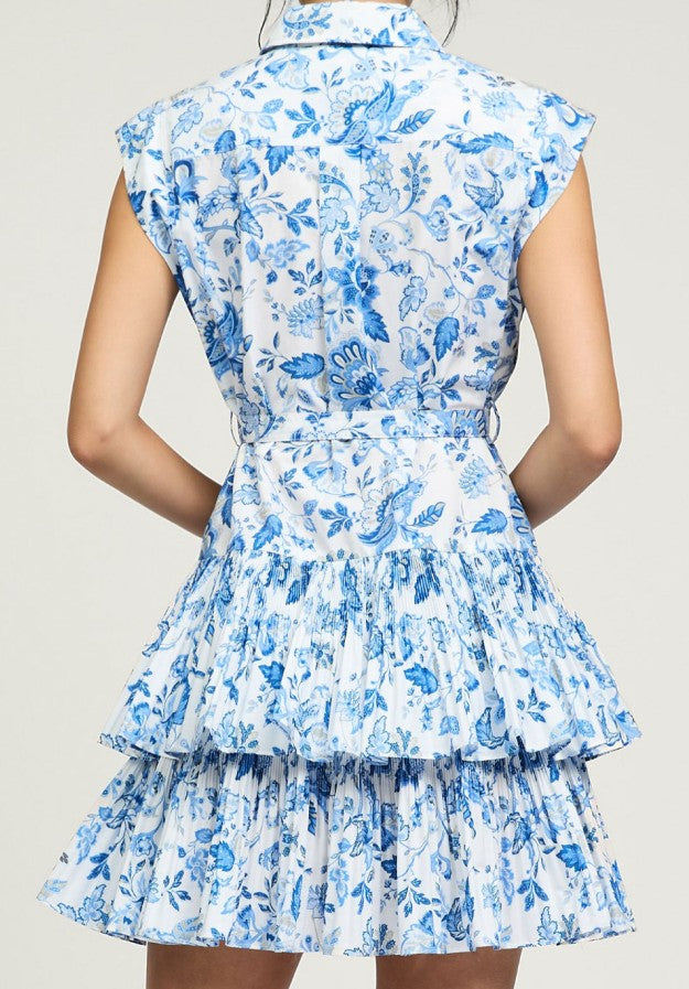 Current Air Blue/White Floral Button Down Tiered Dress with Belt