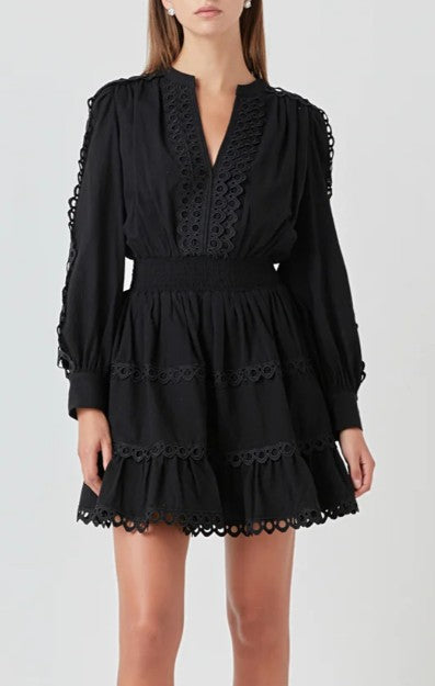 Endless Rose Black Lace Trim Smocked Short Dress