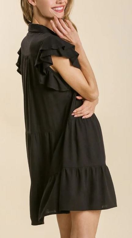 Umgee Black Linen Blend Ruffle Sleeve Short Dress (Available in Plus Sizes)