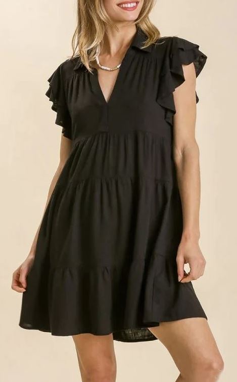 Umgee Black Linen Blend Ruffle Sleeve Short Dress (Available in Plus Sizes)
