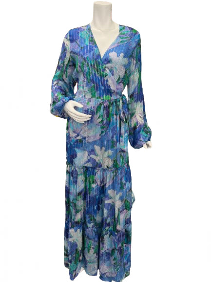 Qishma Blue Long Sleeve Floral Wrap Dress