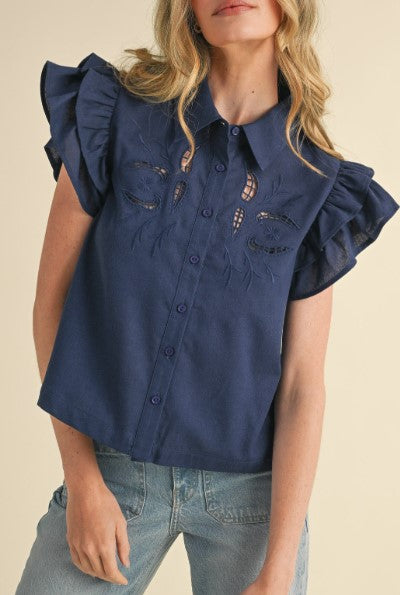 &Merci Navy Eyelet Ruffle Sleeve Button Down Top