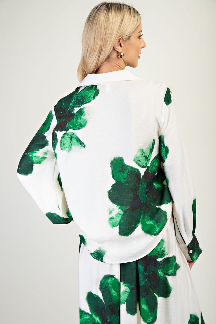 Glam Ivory/Green Floral Long Sleeve Button Down Blouse